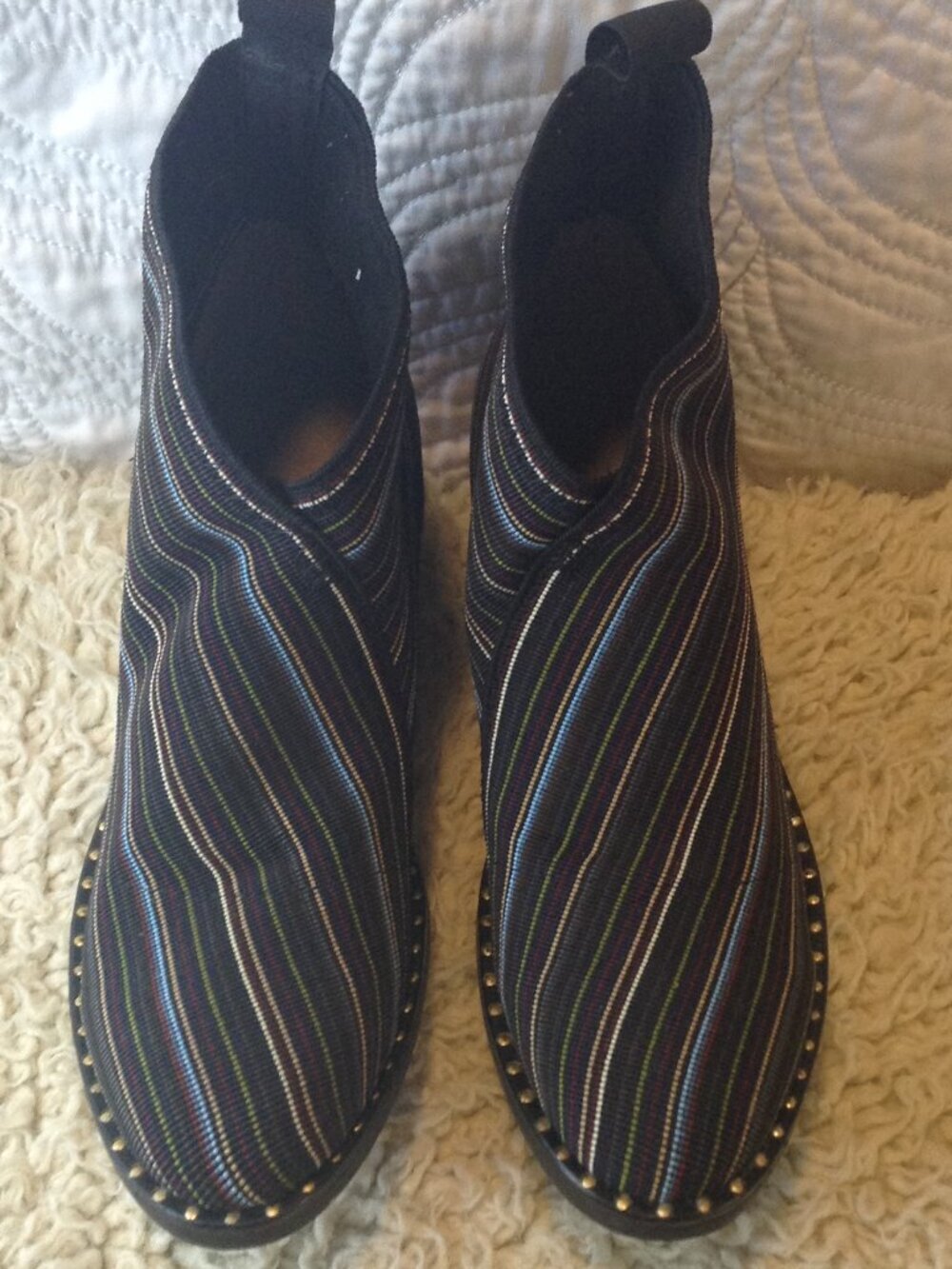 Charleston Shoe Co Booties 7 Striped Black & Blue Ankle Western Studded Stretchy